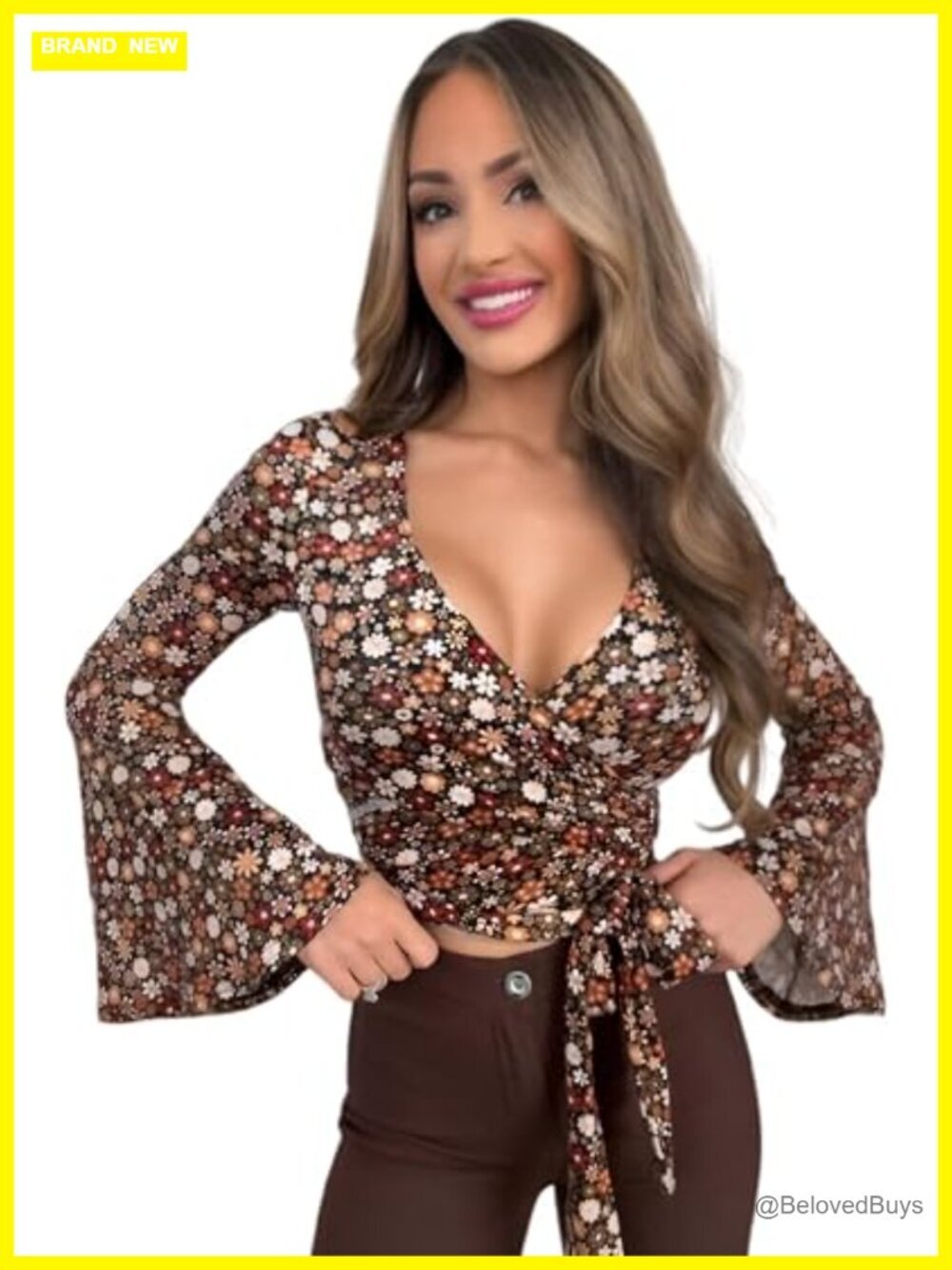 Floral Bell Sleeve Wrap Top with Mock Neck - Women's Boho Chic Blouse